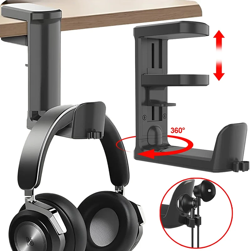 Multif Headset Hanger Punch-free Table Side Hook Wall Hanging Racks 360° Rotating Holder for Gaming Earphone Bracket AirPods Max