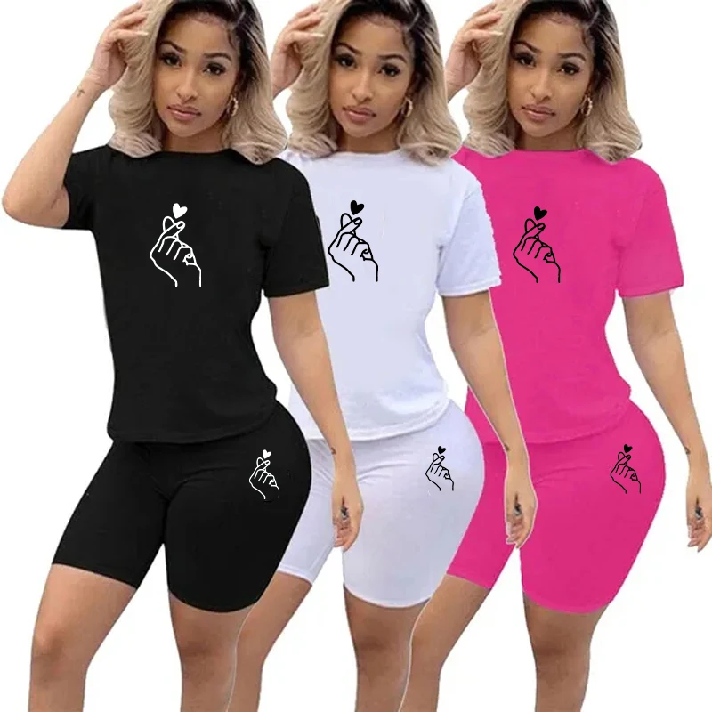 Women Solid Sporting Casual Two Piece Set Short Sleeve Tee Top Biker Retro Shorts Printed Pants Girl Tracksuit Gothic Outfits