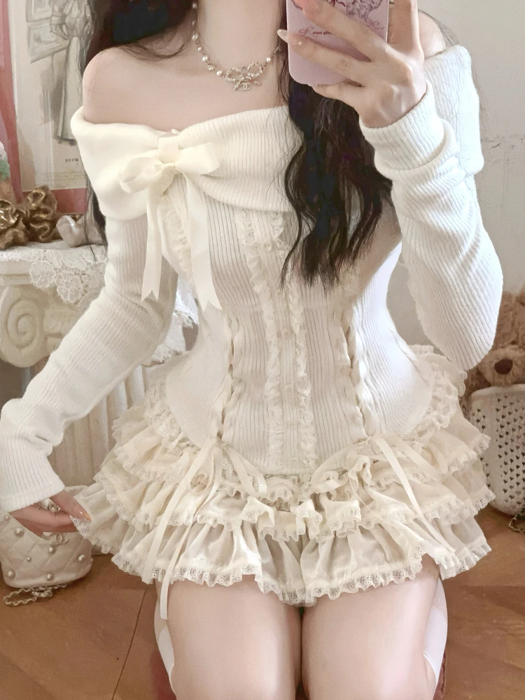 Japanese Style Kawaii 2 Piece Set Woman Off Shoulder Fit Knitted Sweater + Y2k E-girls Slim Mini Sweet Lace Cake Skirt Design