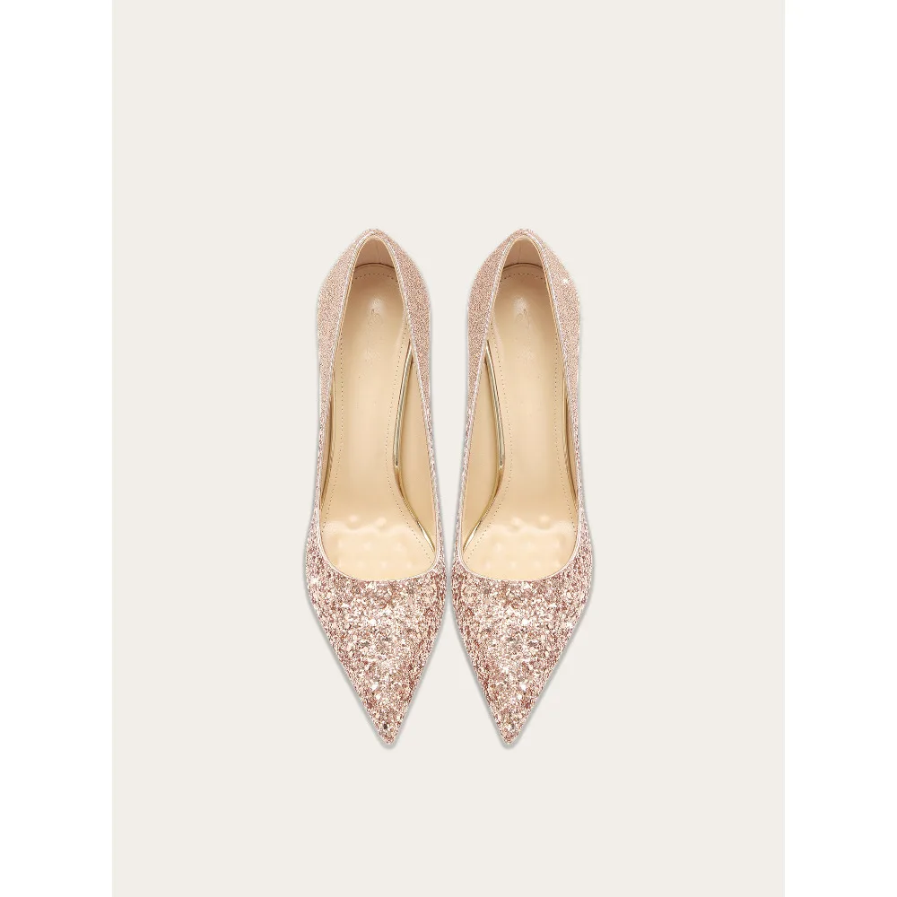 Champagne Sequin Rose Gold High Heels Pointed Toe Wedding Bridal Shoes