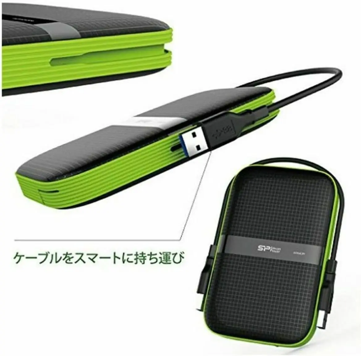 1TB Shockproof Portable Hard Drive with USB3.0, Water-Resistant and Military-Grade Durability in Black/Green