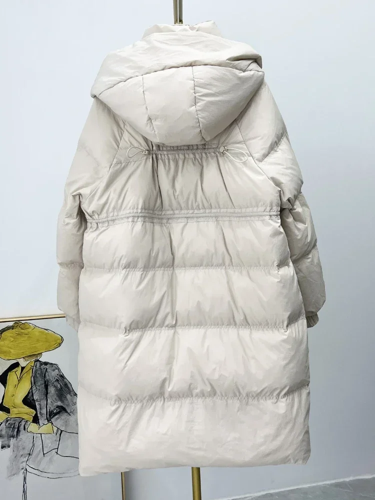 Abrigo de plumón de pato blanco para mujer, Parka larga con capucha y cuello levantado, gruesa y cálida con cordón, ropa de exterior, Otoño e Invierno