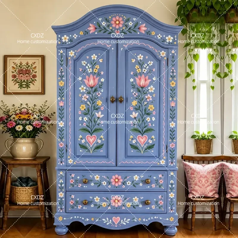 Retro Hand Painted Wardrobe Wabi Sabi Style Antique Blue Double Door Storage Cabinet Floral Design Side Cupboard for Bedroom