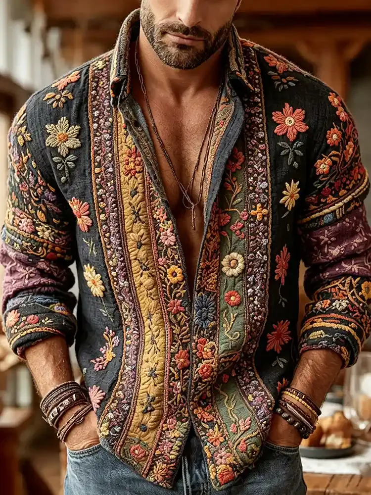 Bohemian Floral Men's Long-Sleeve Shirt Vintage Patchwork Turn-Down Collar Button Shirt Men's Ethnic Style Casual Loose Top