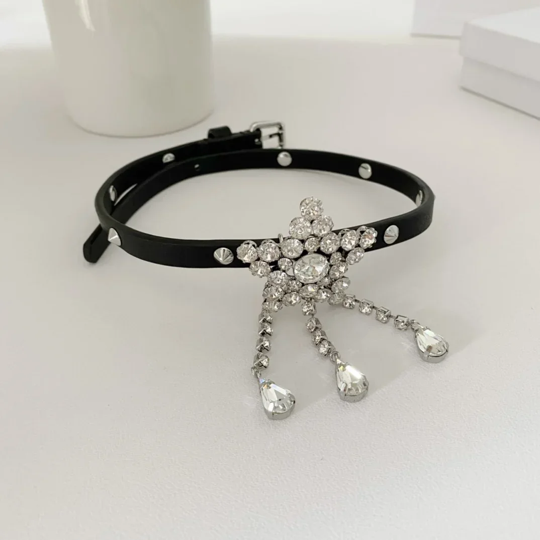 

Europe America Star Tassel Crystal Cowhide Choker Necklace Women Fashion Designer Brand Party Jewelry Trend