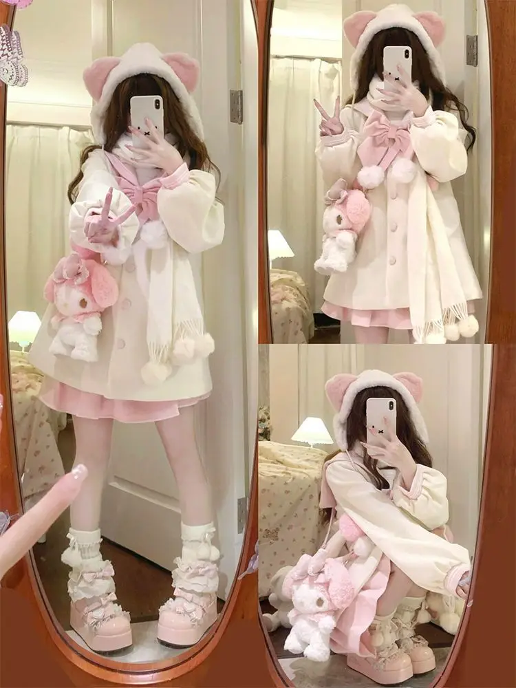 Sweet Kawaii Japanese Winter 2 Piece Set Women Bow Pompom Bear Ear Hooded Wool Coat High Waist Pink Mini Skirt Daily Outfit 2026