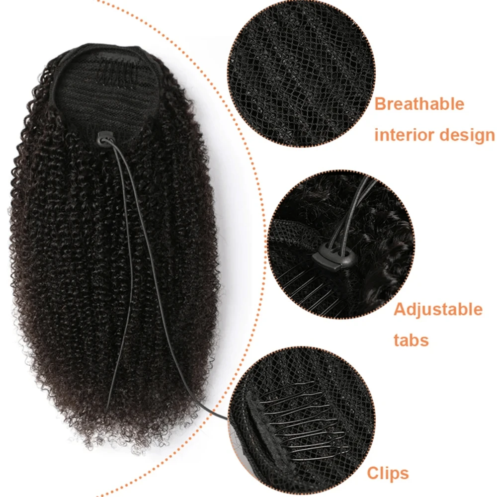 Clips de cabello humano en cola de caballo con cordón, cola de caballo larga y rizada con cordón para mujer, pelo de cola de caballo rizado negro de 8-26 pulgadas