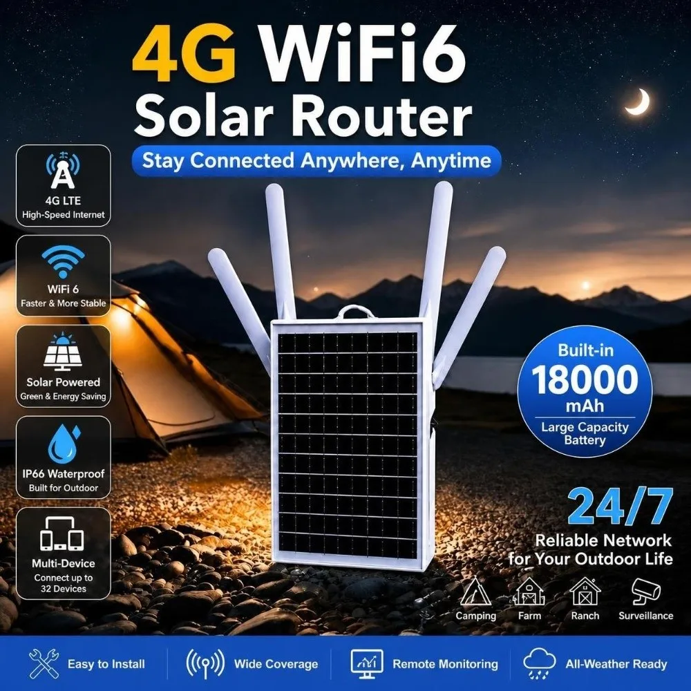 Waterproof 4G WiFi6 Solar Router Long Range 600Mbps Solar Modem Router 18000mAh RJ45 WiFi6 CPE Router Remote Monitoring