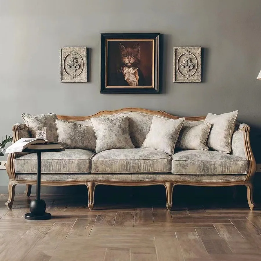 

French retro all-solid wood sofa American antique villa three-person large sofa small apartment living room fabric design