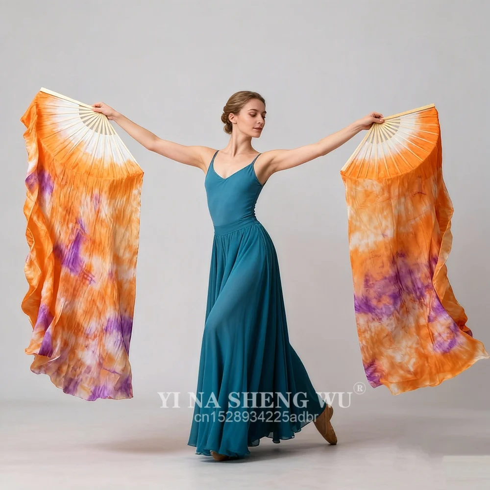 Echte Zijde Dans Fan Buikdans Fan 1 Paar Uitgebreide Fans Handgemaakte Kleur Tie-dye Zijden Fan Moderne Dans Aanpasbare Grootte Fan