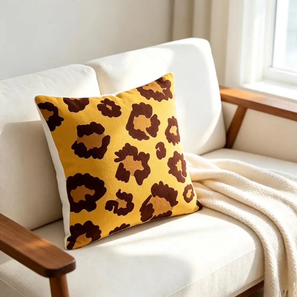 1PC Yellow Round Leopard Print Pillow Cover, Smooth Cheetah Spot Pattern Polyester Cushion Case for Sofa Living Room Decor