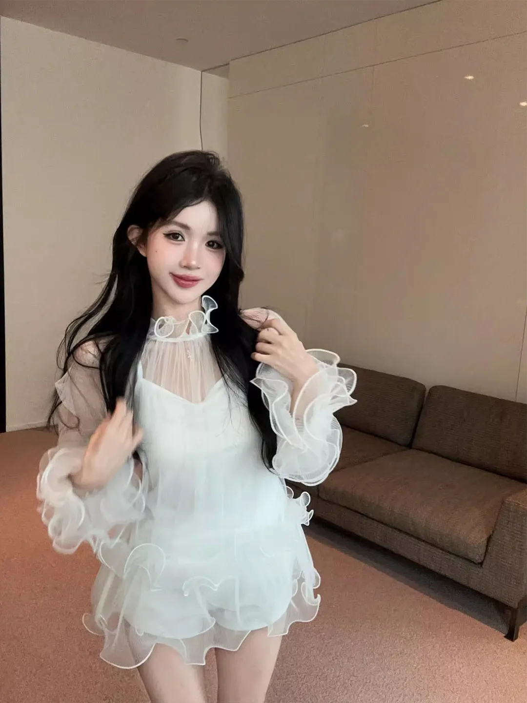 

Elegant Hollow out Ruffle Lace Long Sleeve Cover up Women's Spring 2026 Short Crop Top Tank Two Piece Set Fashion Ensemble