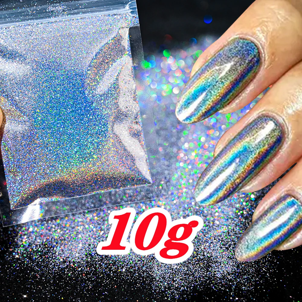 10g Holographic Laser Silver Glitter Powder 0.2mm Rainbow Sparkly HOLO Powder 3D Dazzling Glitter Manicure Powder BASHD-12541