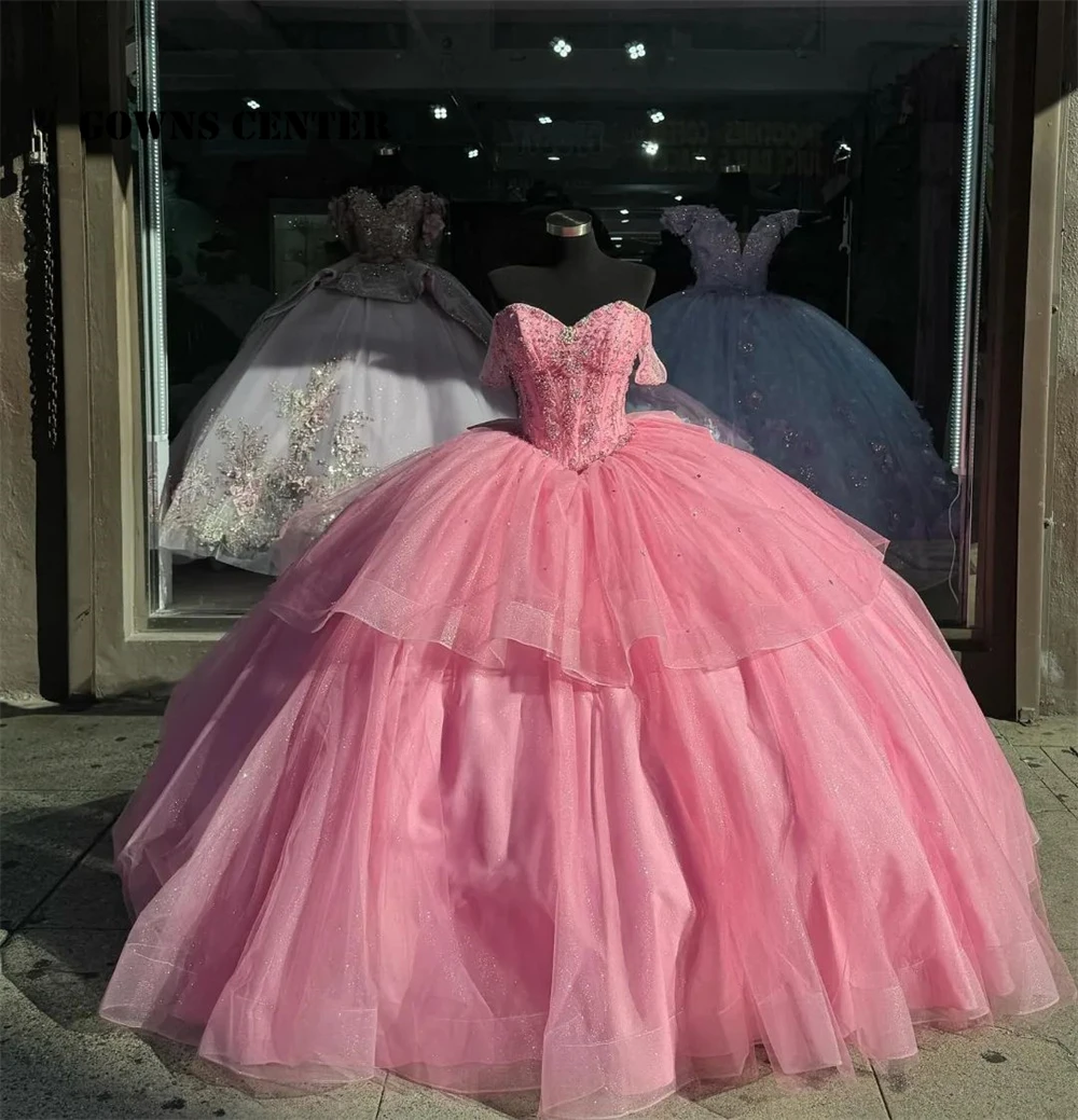 X'mas Blush Pink Ruffels Ball Gown Quinceanera Dress Off The Shoulder Beaded Princess Sweet 15 Dress Corset Vestidos De 15 Años