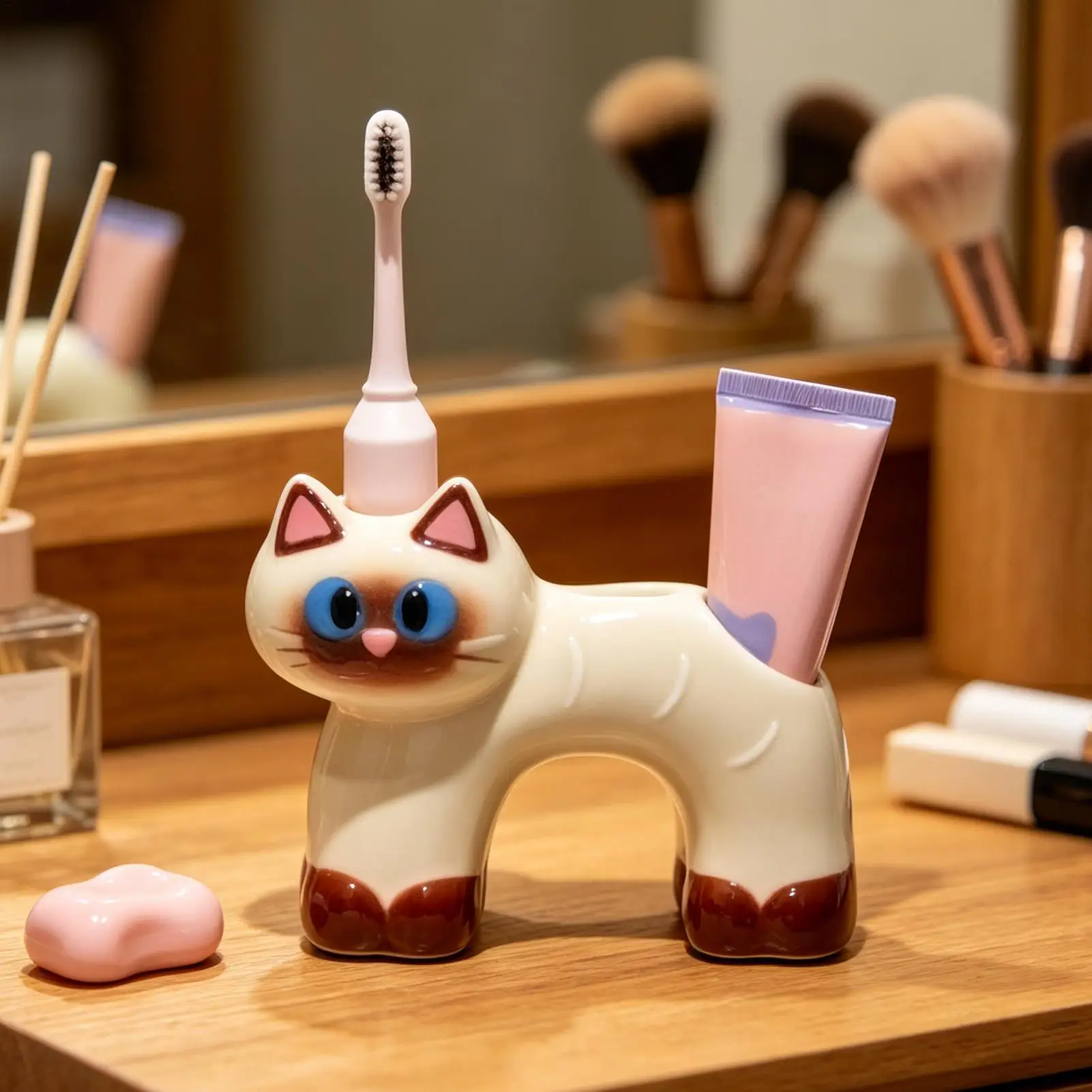 Toothbrush Holder Ceramic Cute Cat-Shape Double Hole Stand Toothbrush and Toothpaste Holder for Bathroom Countertop Vanity Sink