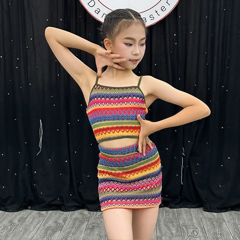 

Colorful Latin Dance Suit Summer Girls Sling Top Wrap Skirt Set ChaCha Rumba Practice Clothes Kids Dancing Performance Wear 3765
