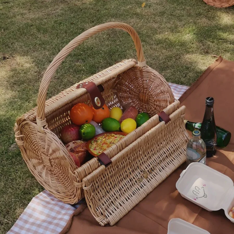 

Kit Handmade Wicker Picnic Basket Rattan Picnic Basket Sub Portable Folding Storage Camping
