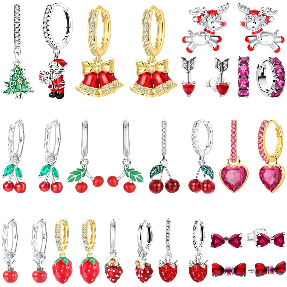 

Luxury 925 Sterling Silver Santa Claus Bell Hoop Earrings Red Heart Bow Fruit Stud Earring For Women Christmas Fine Jewelry Gift