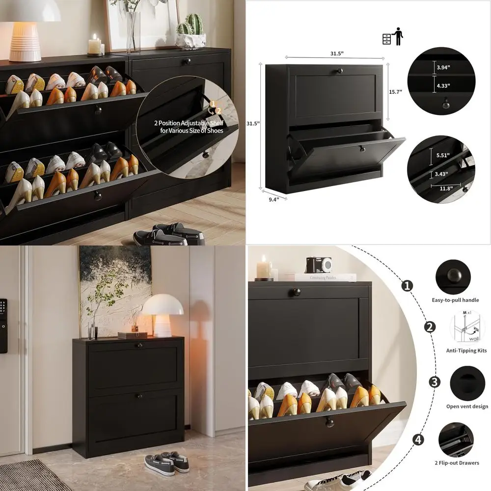 

Black Freestanding Shoe Cabinet with 2 Drawers, Adjustable Shelves & Anti-Tip Feature for Entryways and Living Rooms