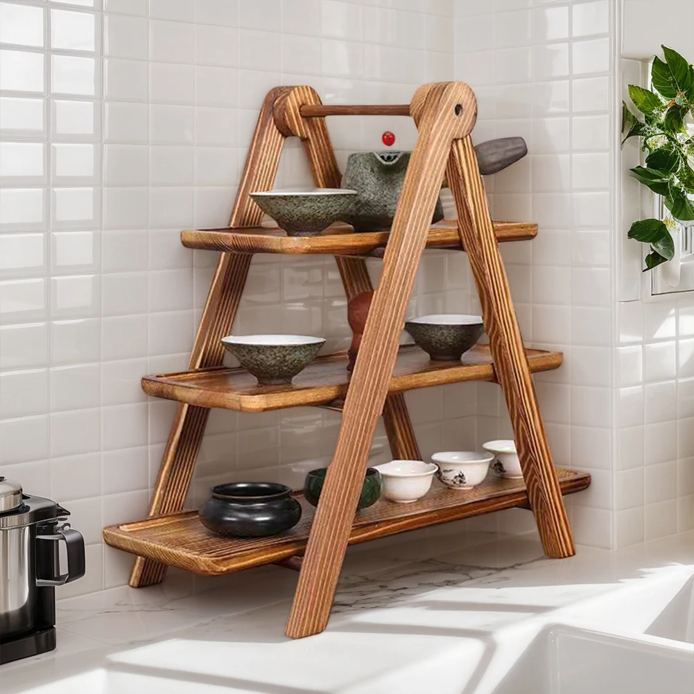 2 قطعة طبق تقديم خشبي رف تقديم الطعام متعدد الوظائف كب كيك صينية متدرجة قابلة للطي رف تخزين المواد الغذائية للمطبخ المنزلي