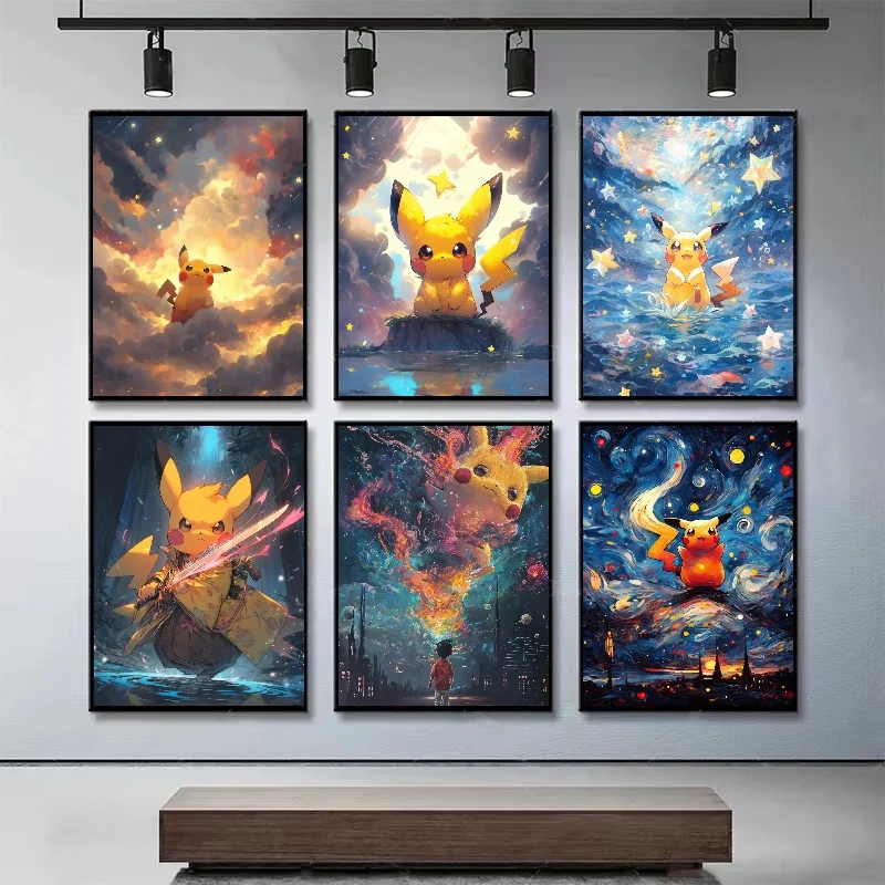 Pokemon Van Gogh Style Pikachu Mewtwo Canva Painting Wall Decorative Posters and Prints Living Decorate Picture Art Room Picture