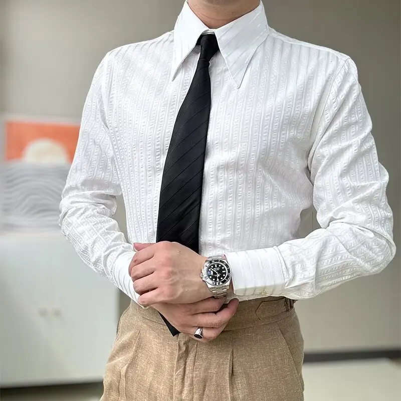 British-style Striped Shirt for Men Long Sleeve Slim Fit Casual Shirts High Quality Versatile Office Social Uniform Formal Shirt
