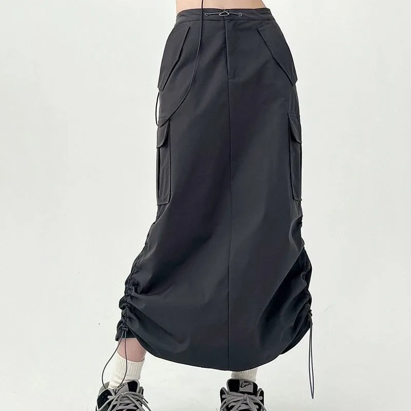 Cargo Skirts Women Big Pockets Retro Korean Style Y2k High Waist Trendy Streetwear Midi Simple All-match Cool Summer