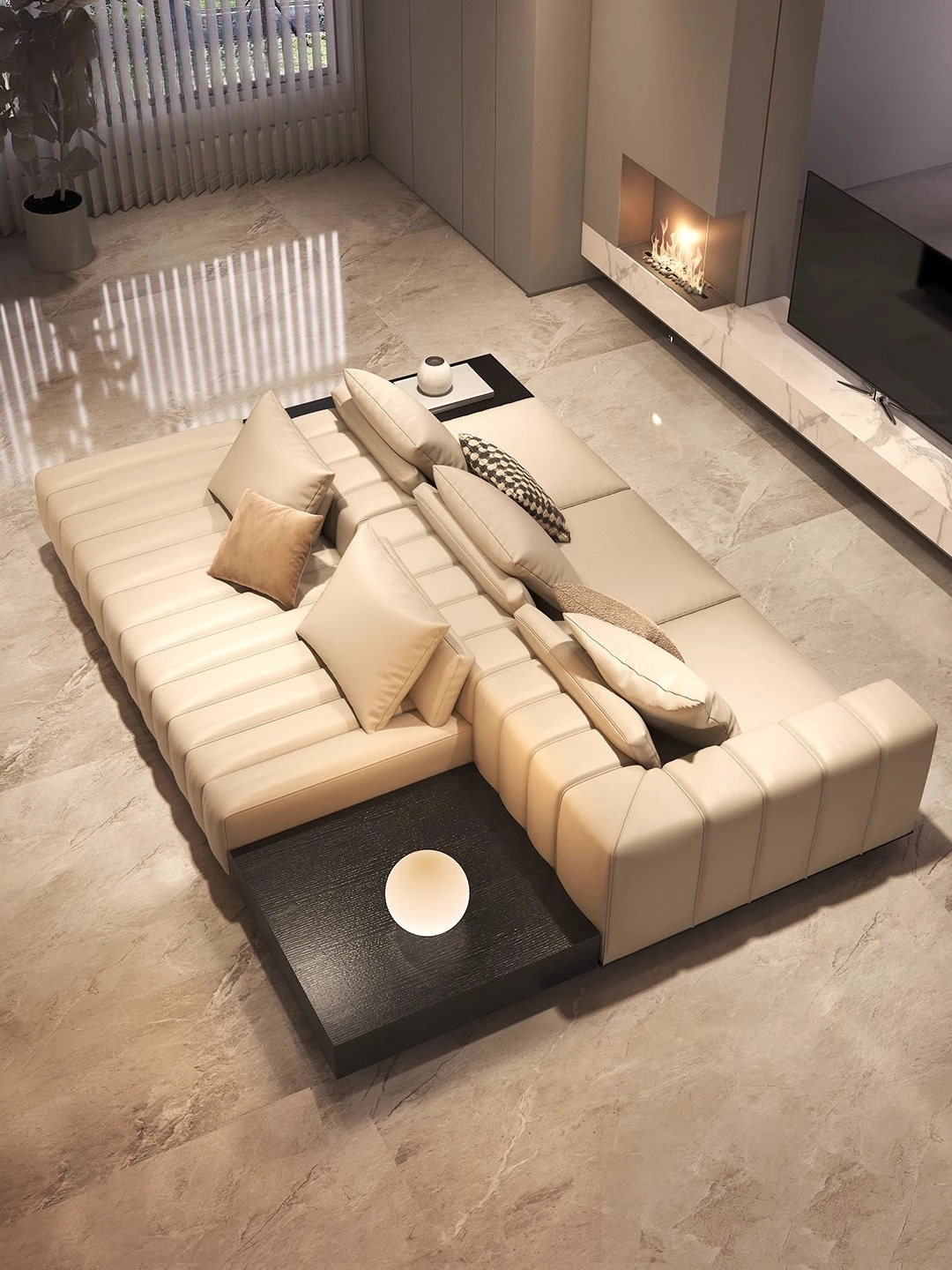 

Double-sided leather sofa, two-way backrest, super deep sitting wide tofu block, minimalist Italian light luxury cream style pia