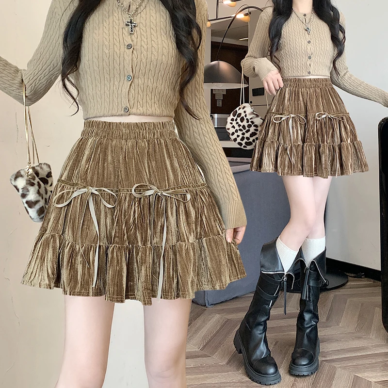 MiiiiX Elegant Versatile Velvet Short Skirt Loose Lace-up Bow Design A-line Pleated Ruffled Skirt 2024 Autumn Women's Clothes