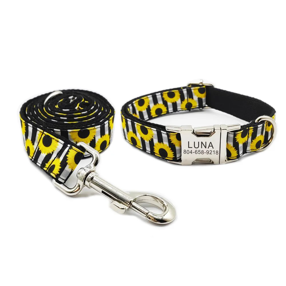 

Personalized Dog Collar with Free Engraving, Matching Pet Leash,Customzied Contacts Metal Buckle, Sunflower Pet Collar