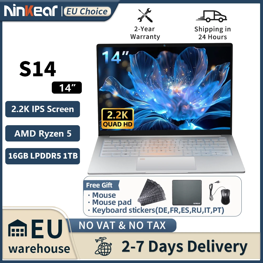 Ninkear Portátil de 14 Pulgadas AMD Ryzen 5 7535HS 16GB LPDDR5 1TB SSD Pantalla 2.2K 100% sRGB Ultra Delgado 1KG Notebook Metálico WiFi 6