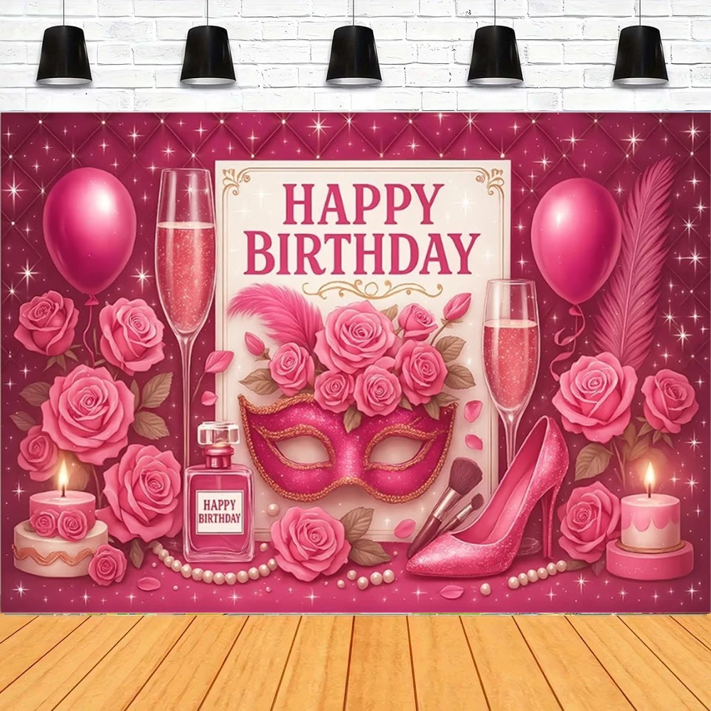 قناع وردي لخلفية التصوير الفوتوغرافي باللون الوردي وخلفية الشمبانيا للسيدات بكعب عالٍ لامع للفتيات وحفلات أعياد الميلاد النسائية