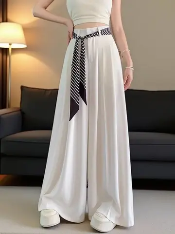 Elegant White Ice Silk Suit Wide Leg Pants Women Summer Thin Silk Scarf Belted High Waist Draping Straight Leg Floor-Length P...
