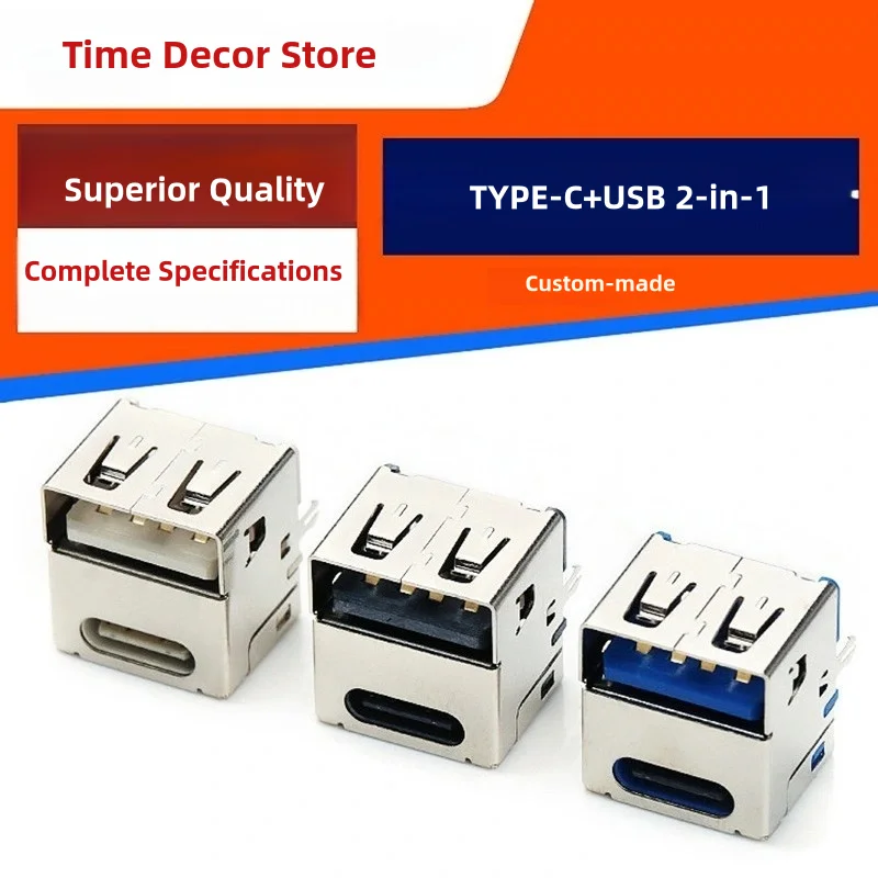 Custom USB2.0 Female & 3.1 Type-c Female Connector Dual 2-in-1 Single Side Plug Vertical Straight A Type