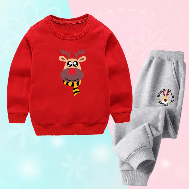 Weihnachts-Trainingsanzug für Mädchen mit Rentier-Motiv, bestehend aus einem Sweatshirt mit Rundhalsausschnitt und einer Jogginghose, Kinder-Weihnachts- und Feiertags-Freizeitkleidungsset.