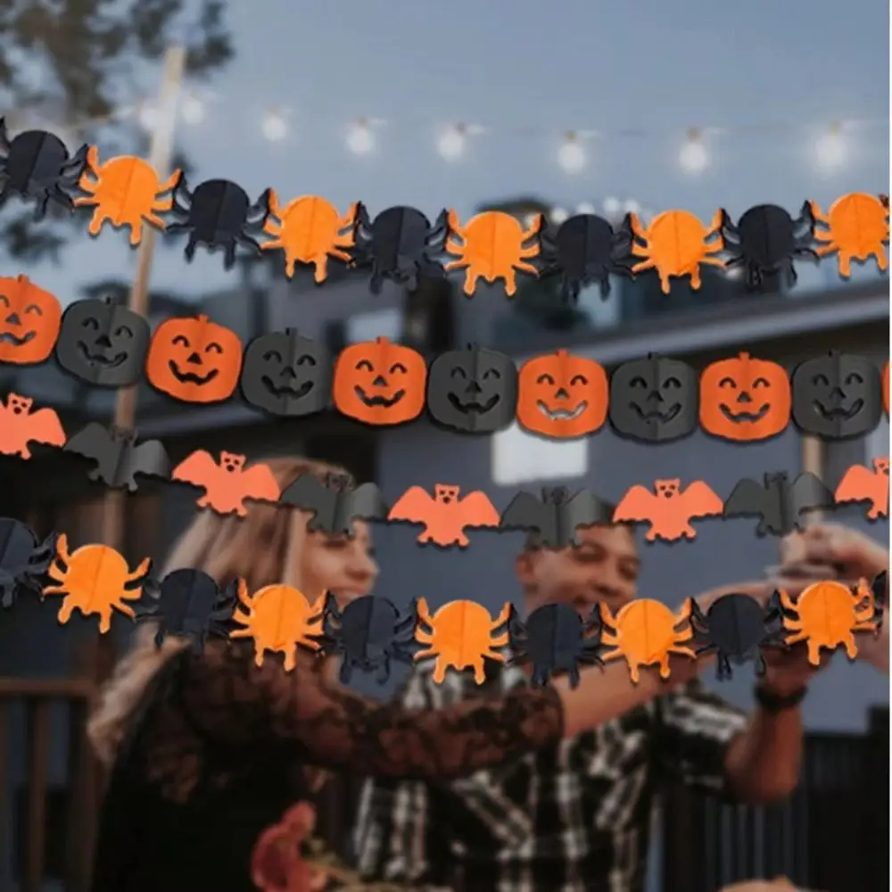Honeycomb Paper Halloween Hanging Garland 3 Meter Pull Flower Party Banner Skeleton Bat Spider Pumpkin Halloween Party Banner