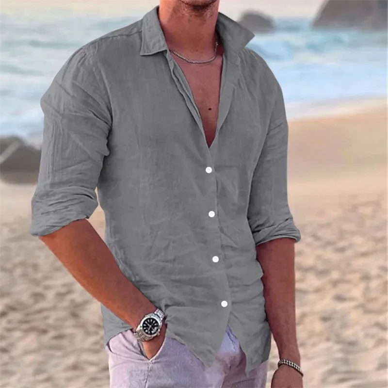 New Men's Cotton and Linen Long Sleeve Shirt Fashion Casual Lapel Beach Shirt Solid Color Hawaiian Vacation Shirt