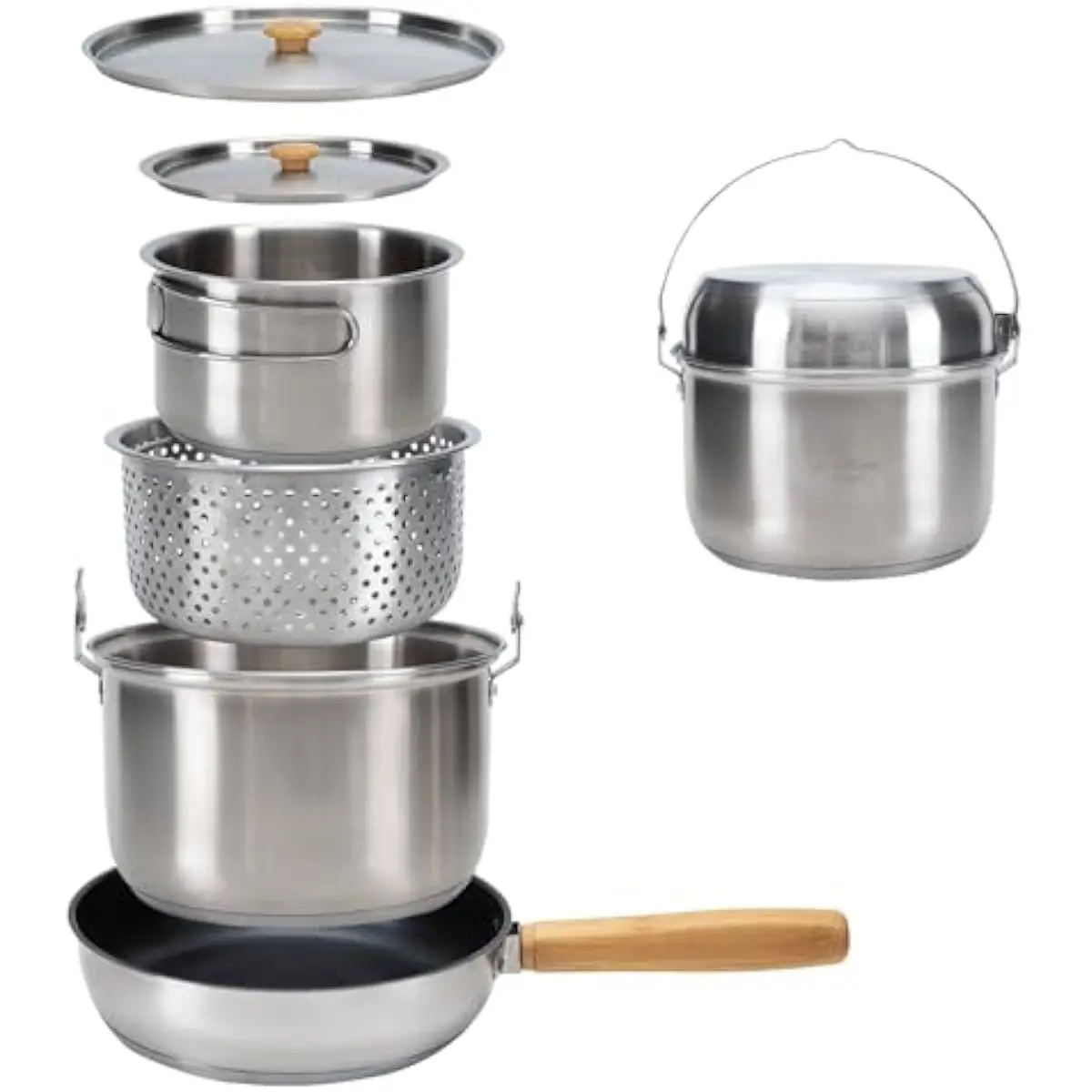 Camping Cookware Set 5-Piece Stainless Steel Outdoor Pot Kit for 4–6 People Includes Large 7.8-Inch Pot Medium 6.2-Inch Pot Cola