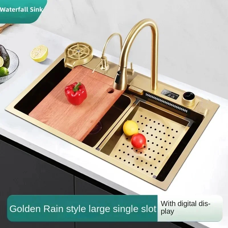 Gold Digital Display Waterfall Kitchen Sink, Multifunctional 304 Stainless Steel Vegetable Sink, Single Tank, Large Capacity