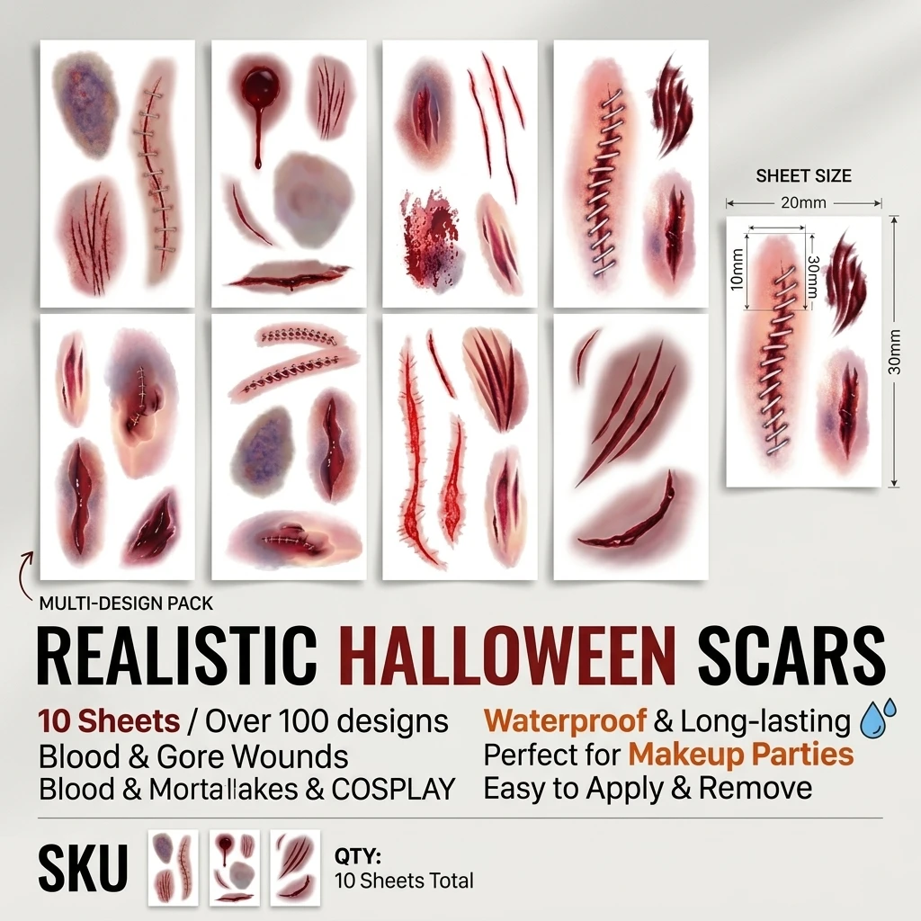 Halloween Scar Temporary Tattoos Realistic Bloody Wounds Fake Scars Stitches Waterproof Makeup Stickers for Zombie Cosplay Horror Party Face Body Art Decorations for Adults and Kids