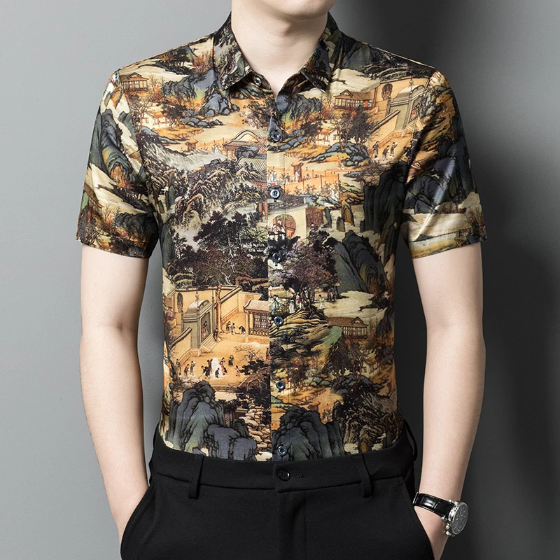 

Chinese Style Real Silk Men Shirt 3D Print Short Sleeved Fashion Summer New Quality Smooth Comfortable Casual Slim Chemise Homme