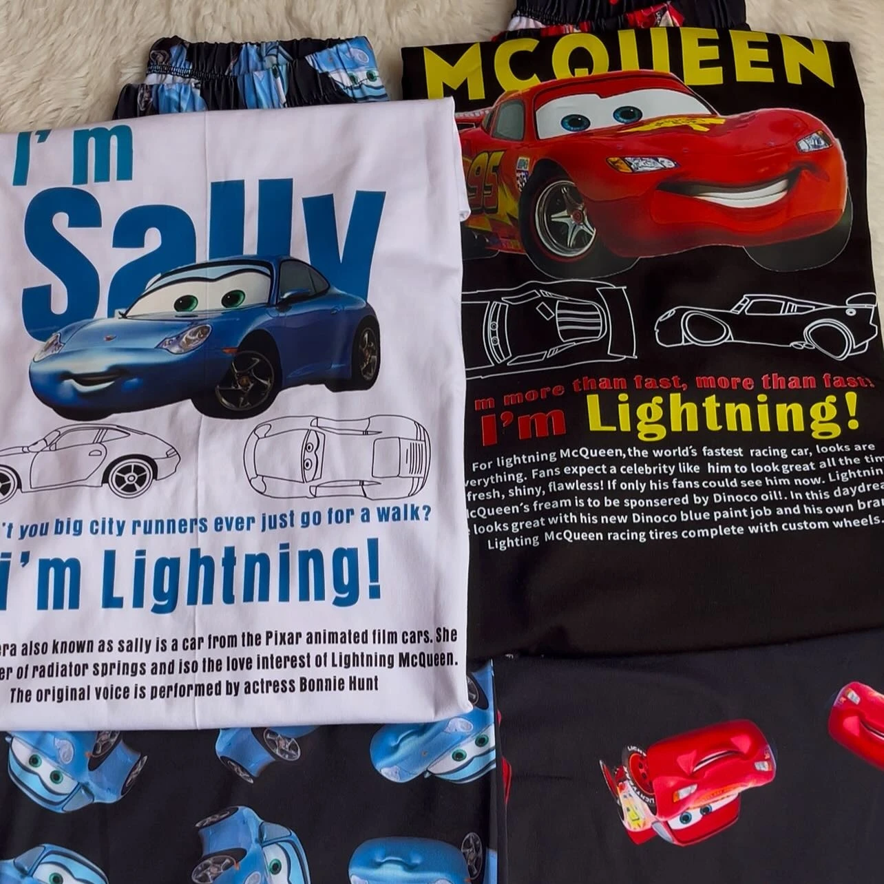 

Disney The Cars Mcqueen & Sally Высококачественная футболка с героями мультфильмов для взрослых и детей, комплект из широких брюк, летний быстросохнущий, удобный, легкий вес