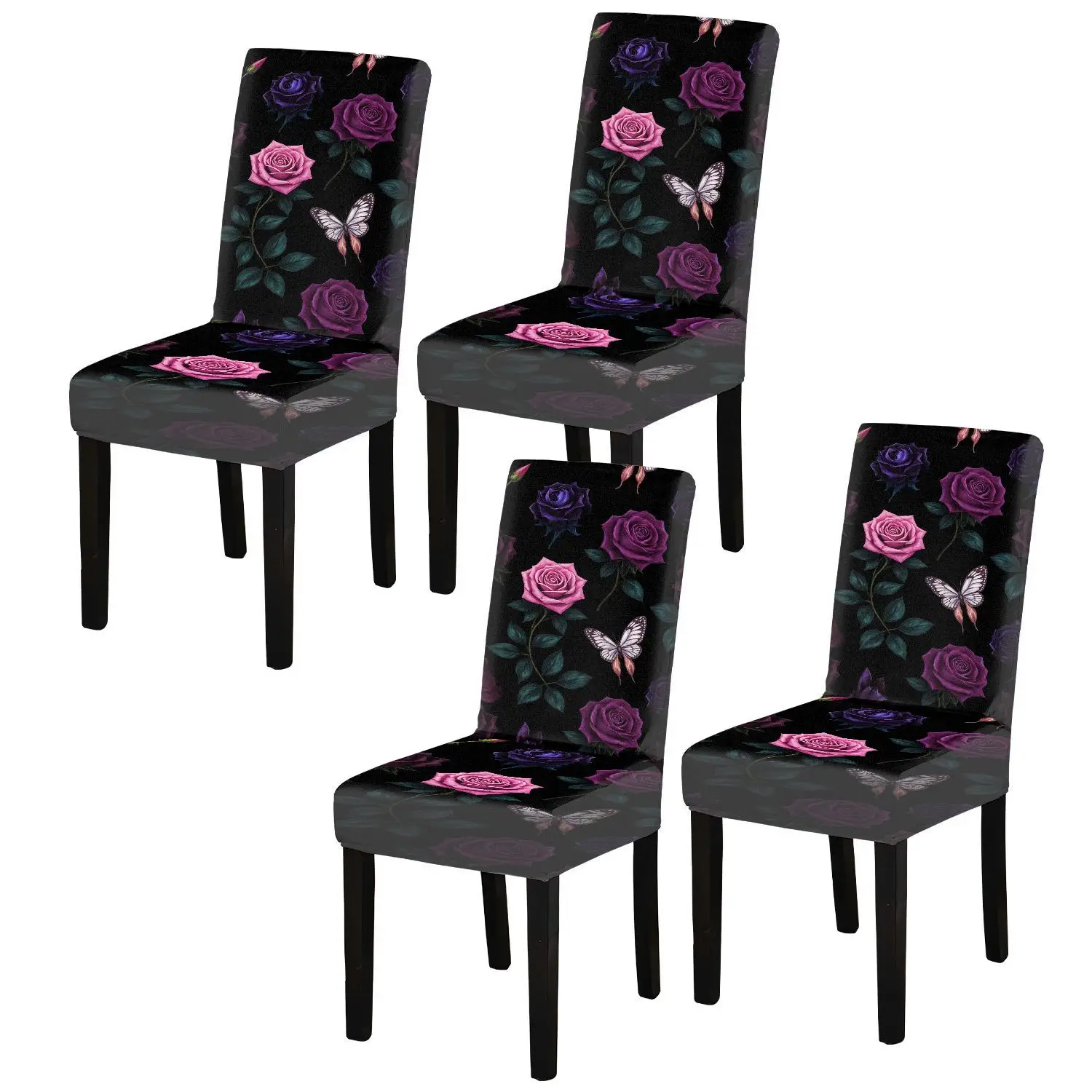 Stretch Dining Chair Cover Elegant Black Background Floral Art Design Removable, Home Dining Chair Cover