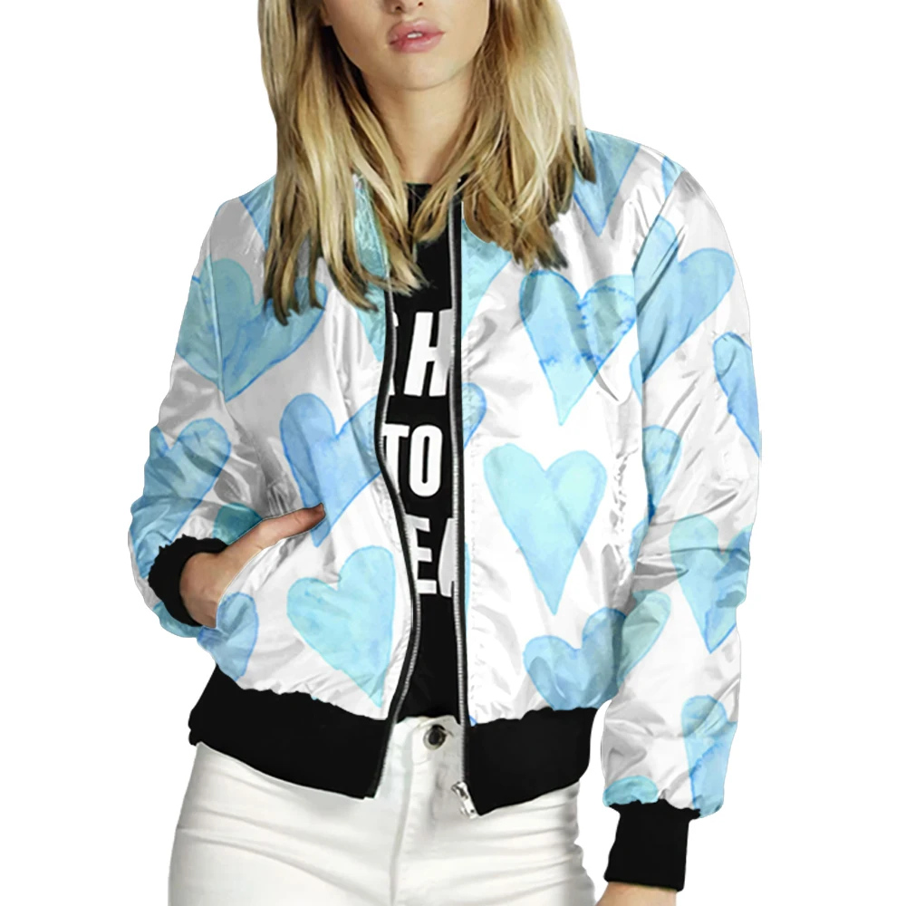 Chaqueta de manga larga para mujer, abrigo ajustado con cremallera y cuello de béisbol, estampado de amor, estilo urbano