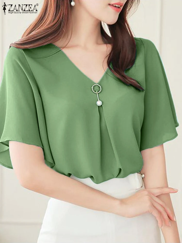 

2025 Women Summer Blouses ZANZEA Elegant V Neck Flare Sleeve Office Work Shirts Female Chemise Fashion Solid Holiday Tunic Tops