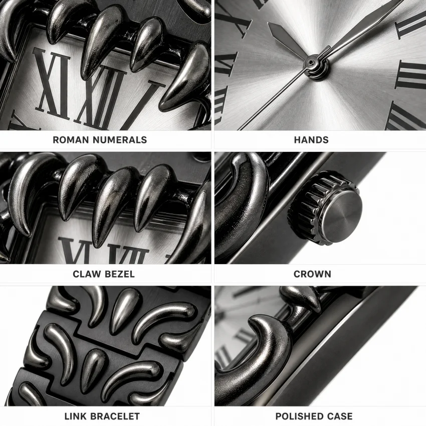 Men's Quartz Watch Gothic Claw Bezel Rectangle Wristwatch Roman Numeral Dial Vintage Punk Metal Bracelet Watch for Men Fashion U
