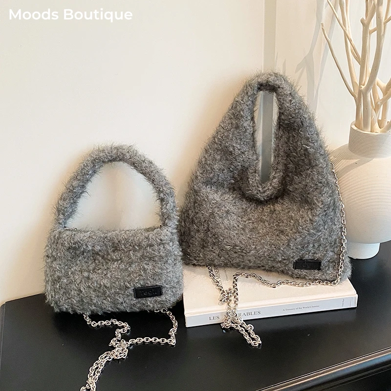 

Woollen Fabric Chain Shoulder Crossbody Bags For Women Two-sized Pure Color Shopper Hobo Bag 2025 Fall Luxury Designer Handbags