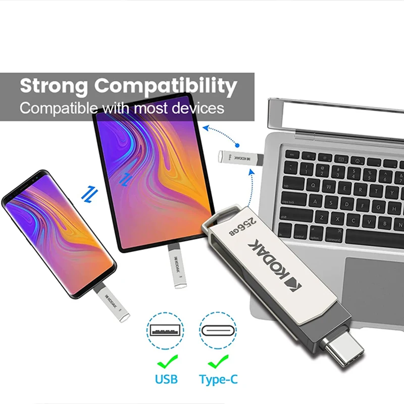 Kodak 2in1 Metal USB Flash Drives 256GB USB3.2 Pendrive Type-C USB 3.2 High Speed Dual Memory stick 256GB Pen Drive For Phone