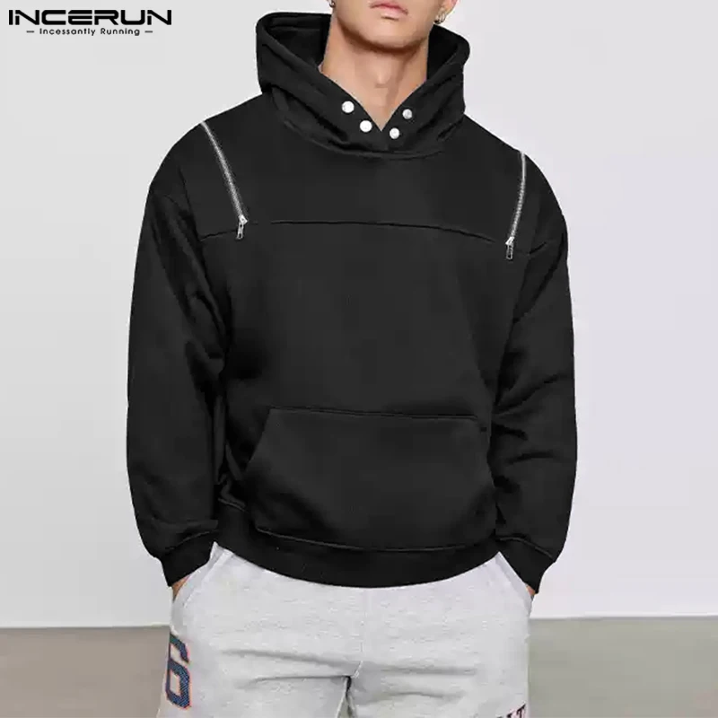 INCERUN 2024 Stylish Mens Tops Deconstruction Solid Color Hooded Sweatshirts Streetwear Male Hot Sale Long Sleeved Hoodies S-5XL