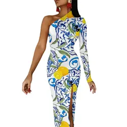 Fruit Print Long Dress Woman Yellow Lemon Aesthetic Maxi Dress Spring Trendy Bodycon Dresses Side Split Printed Vestidos